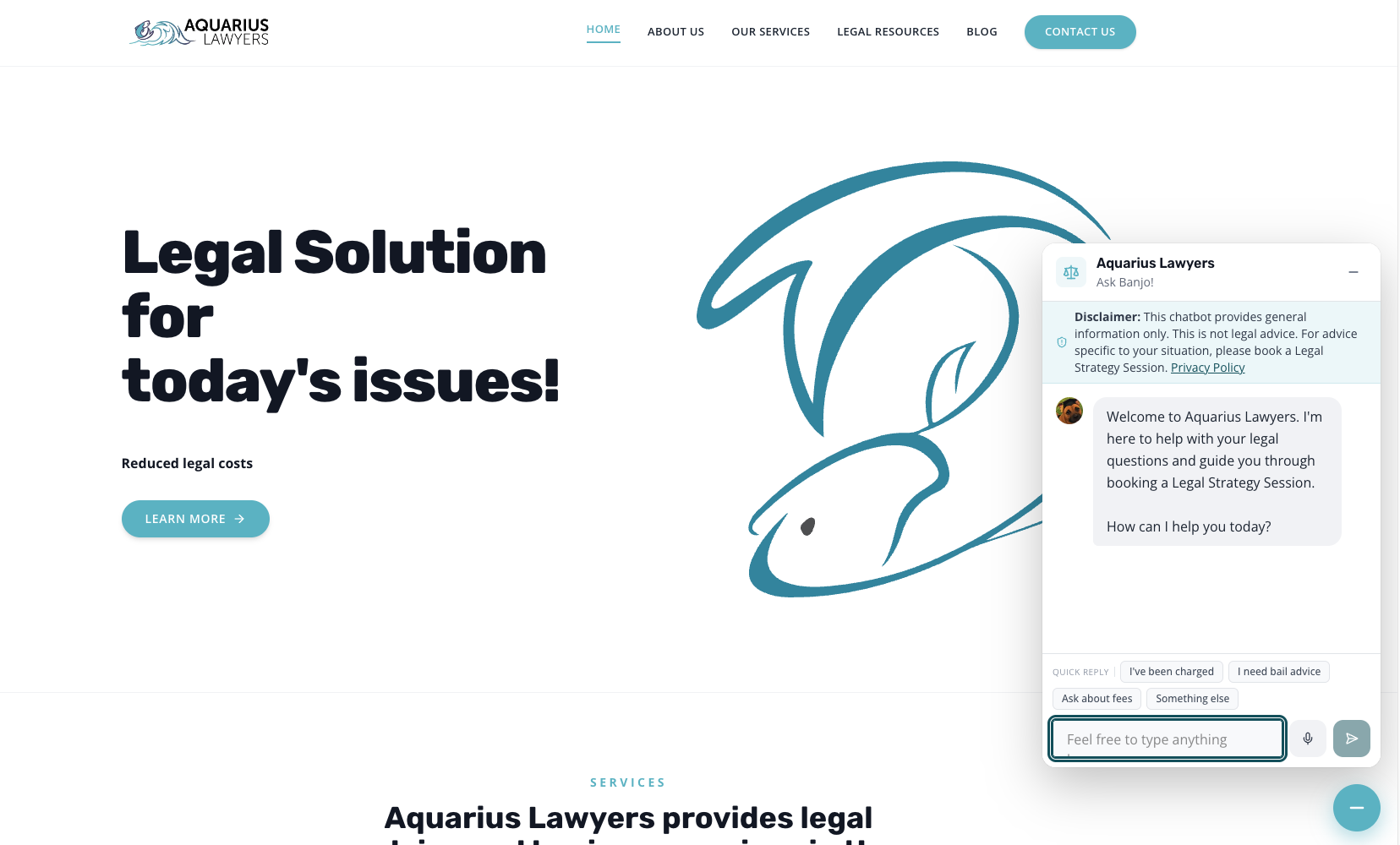 Aquarius Lawyers website with the intake chatbot open